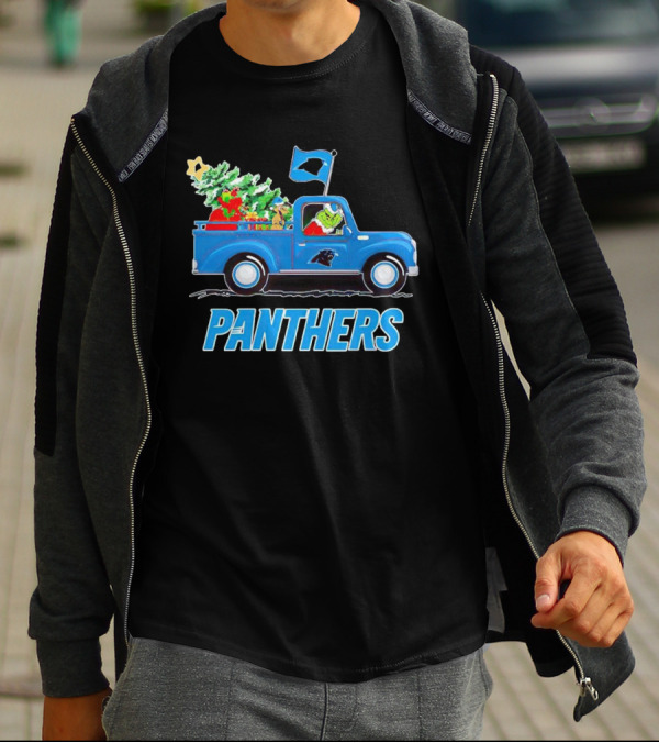 Grinch In Blue Christmas Truck With Carolina Panthers Logo And Tree T-Shirt