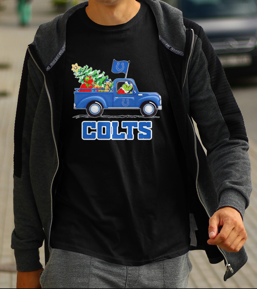 Grinch Driving Christmas Truck With Indianapolis Colts Logo And Tree T-Shirt