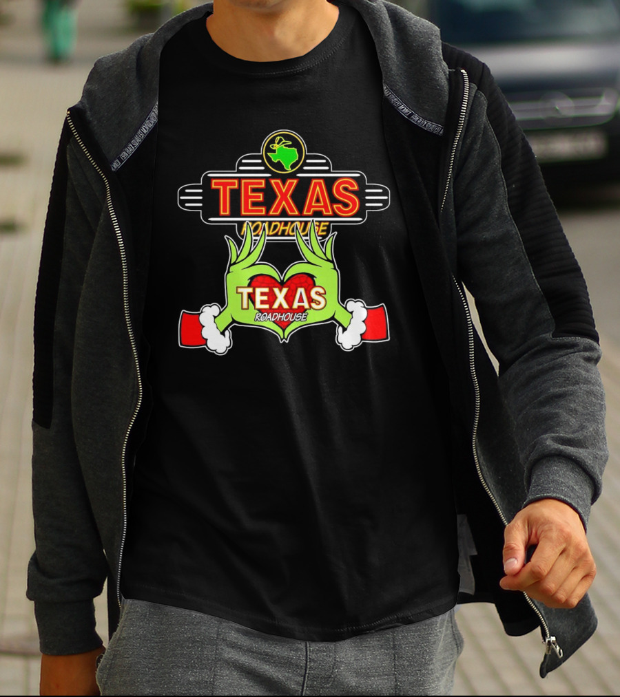 Grinch Hands Holding Heart Texas Roadhouse Christmas T-Shirt