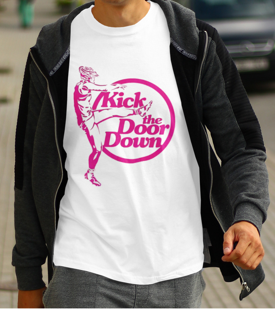 Kick The Door Down Pink Circle Footballer Kicker T-Shirt