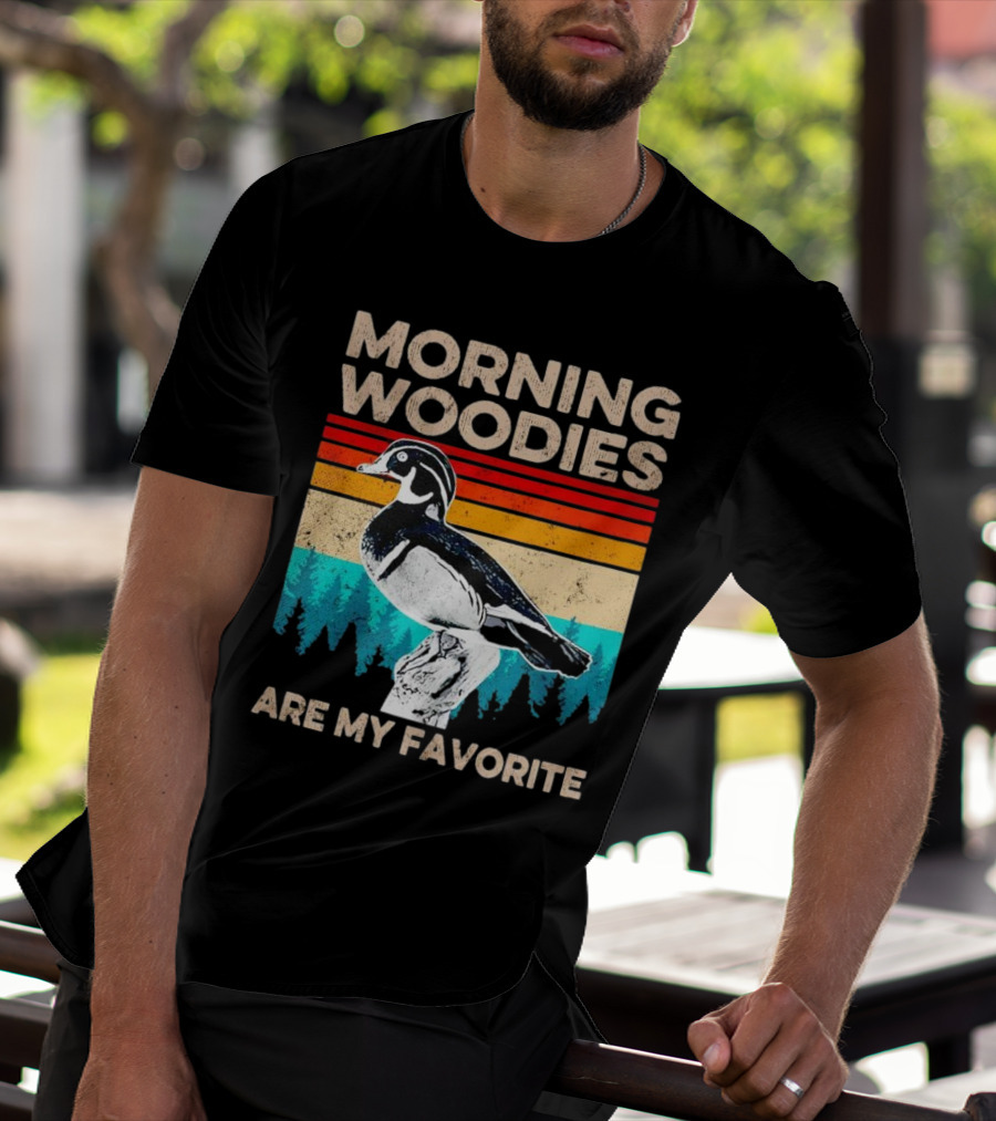 Morning Woodies Are My Favorite Vintage Duck Silhouette Retro Stripes Forest Pines T-Shirt