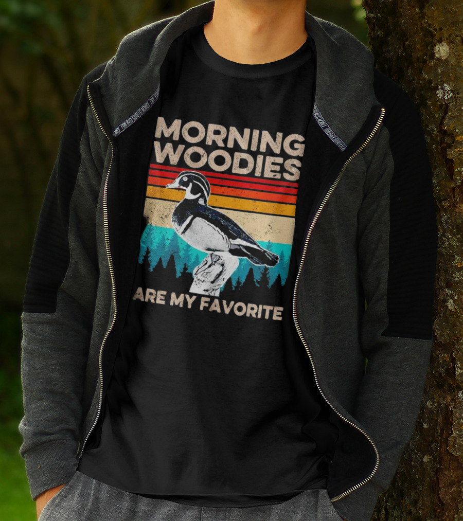 Morning Woodies Are My Favorite Vintage Duck Silhouette Retro Stripes Forest Pines T-Shirt
