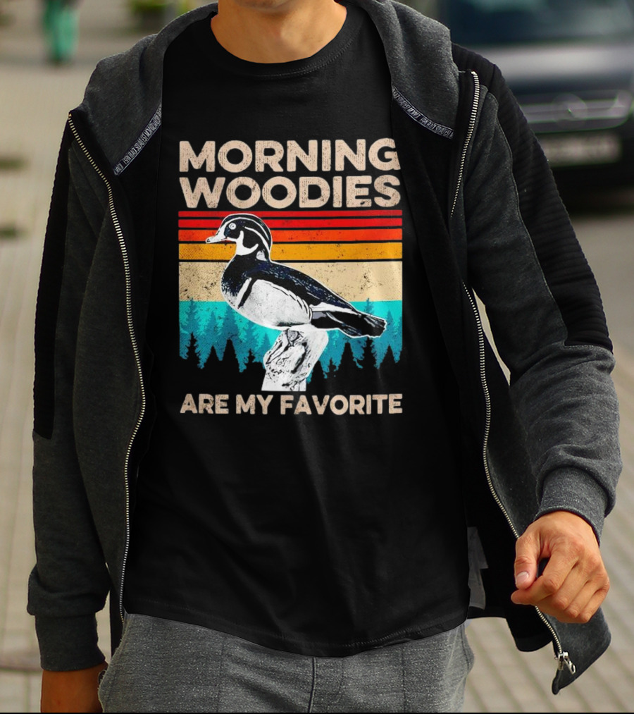 Morning Woodies Are My Favorite Vintage Duck Silhouette Retro Stripes Forest Pines T-Shirt