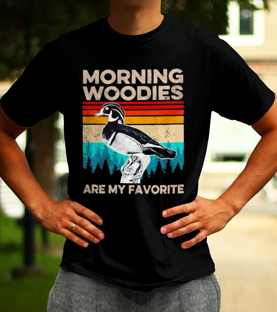 Morning Woodies Are My Favorite Vintage Duck Silhouette Retro Stripes Forest Pines T-Shirt