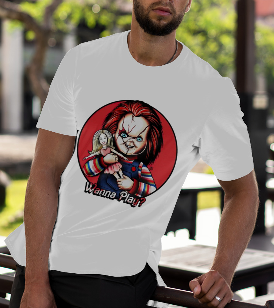 Chucky Holding Doll With Wanna Play? Text In Red Circle T-Shirt