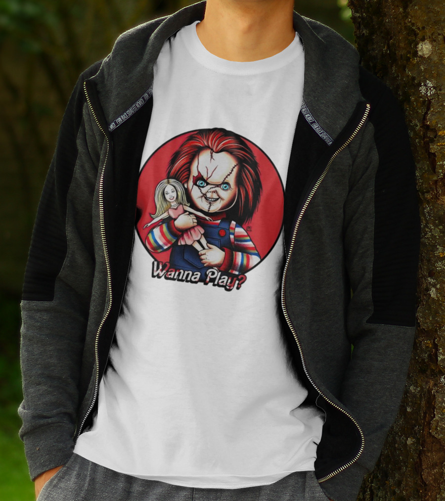 Chucky Holding Doll With Wanna Play? Text In Red Circle T-Shirt