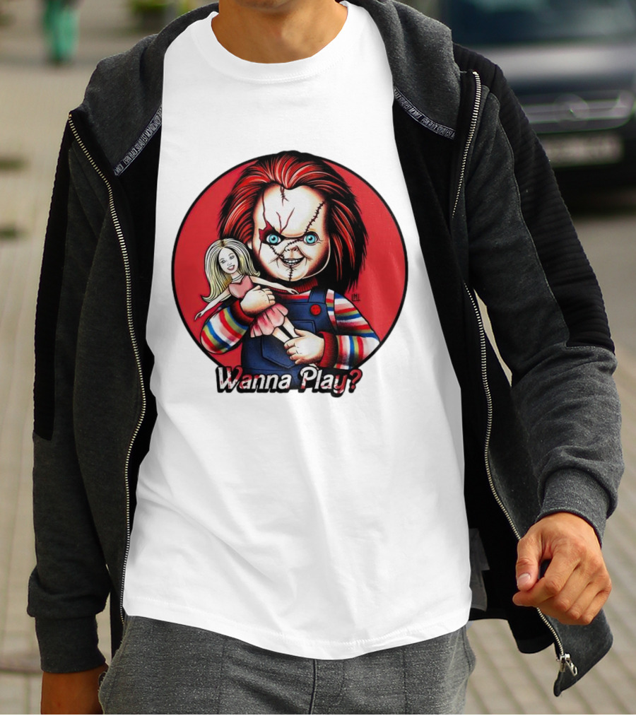 Chucky Holding Doll With Wanna Play? Text In Red Circle T-Shirt