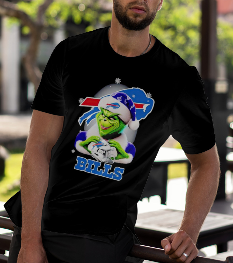 Grinch Love Buffalo Bills Christmas Santa Hat Snowflakes T-Shirt