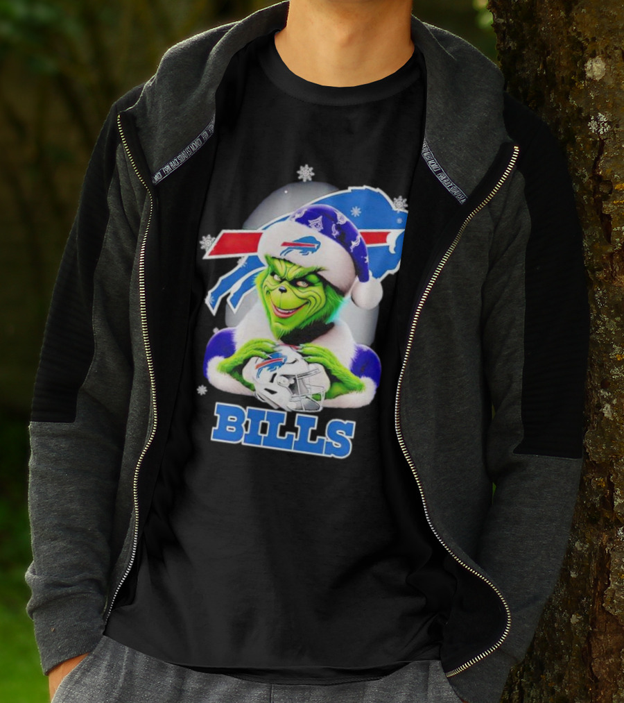 Grinch Love Buffalo Bills Christmas Santa Hat Snowflakes T-Shirt