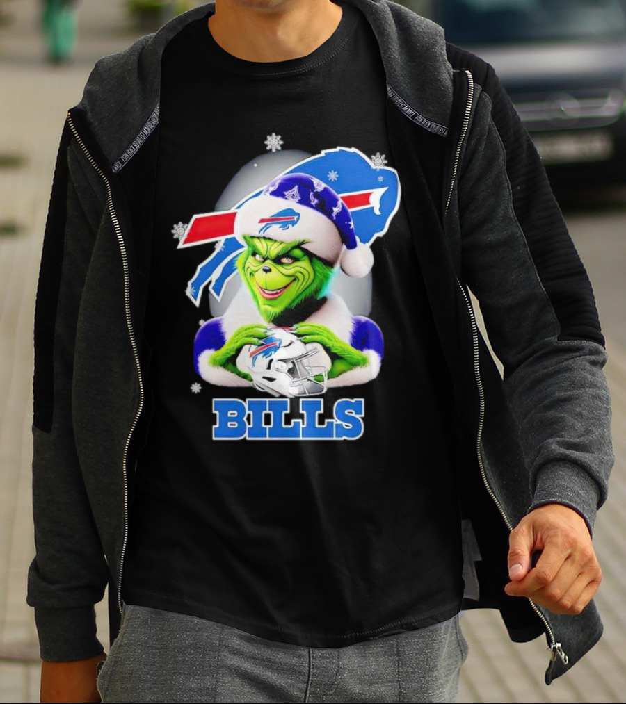 Grinch Love Buffalo Bills Christmas Santa Hat Snowflakes T-Shirt