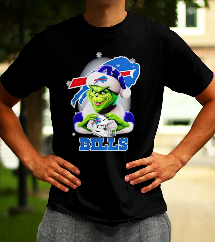 Grinch Love Buffalo Bills Christmas Santa Hat Snowflakes T-Shirt