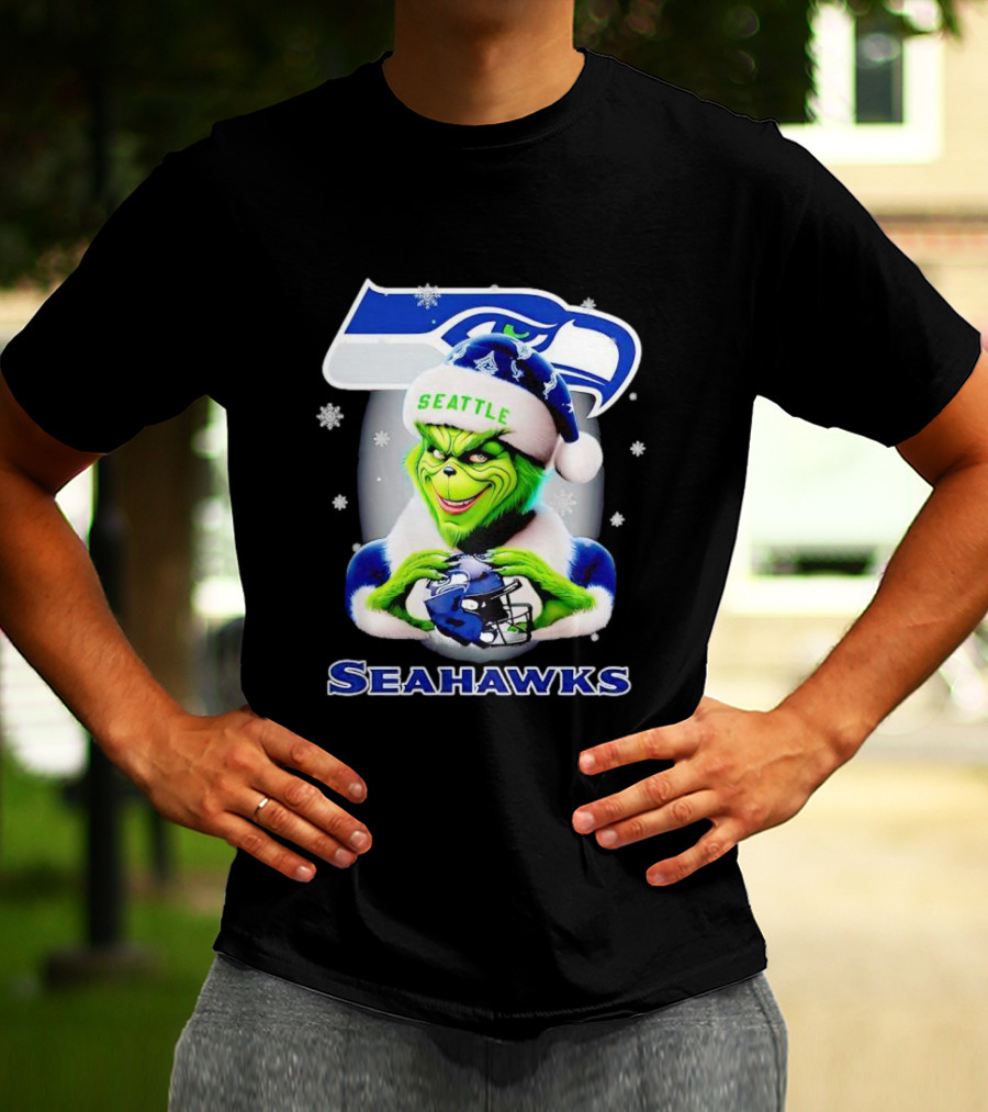 Seattle Seahawks Christmas Grinch Holding Football Helmet T-Shirt