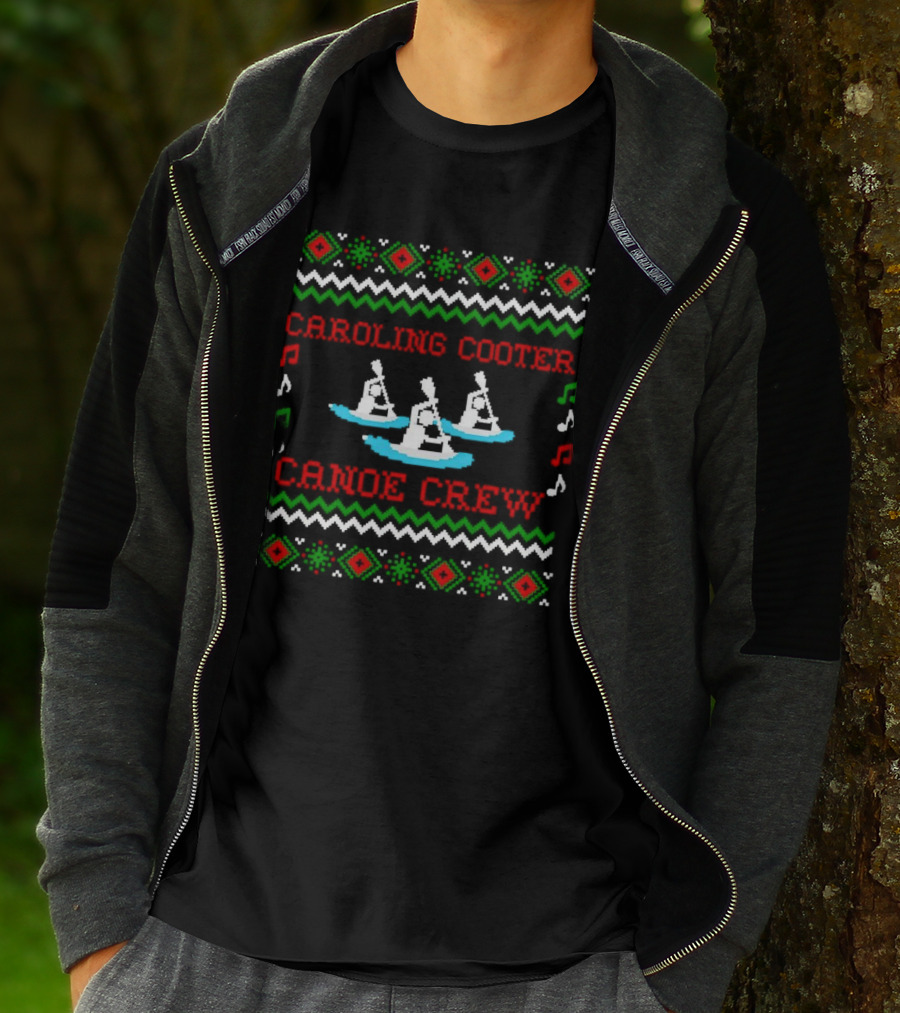 Caroling Cooter Canoe Crew Festive Holiday Pattern With Music Notes And Canoe T-Shirt