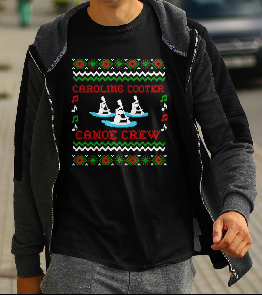 Caroling Cooter Canoe Crew Festive Holiday Pattern With Music Notes And Canoe T-Shirt