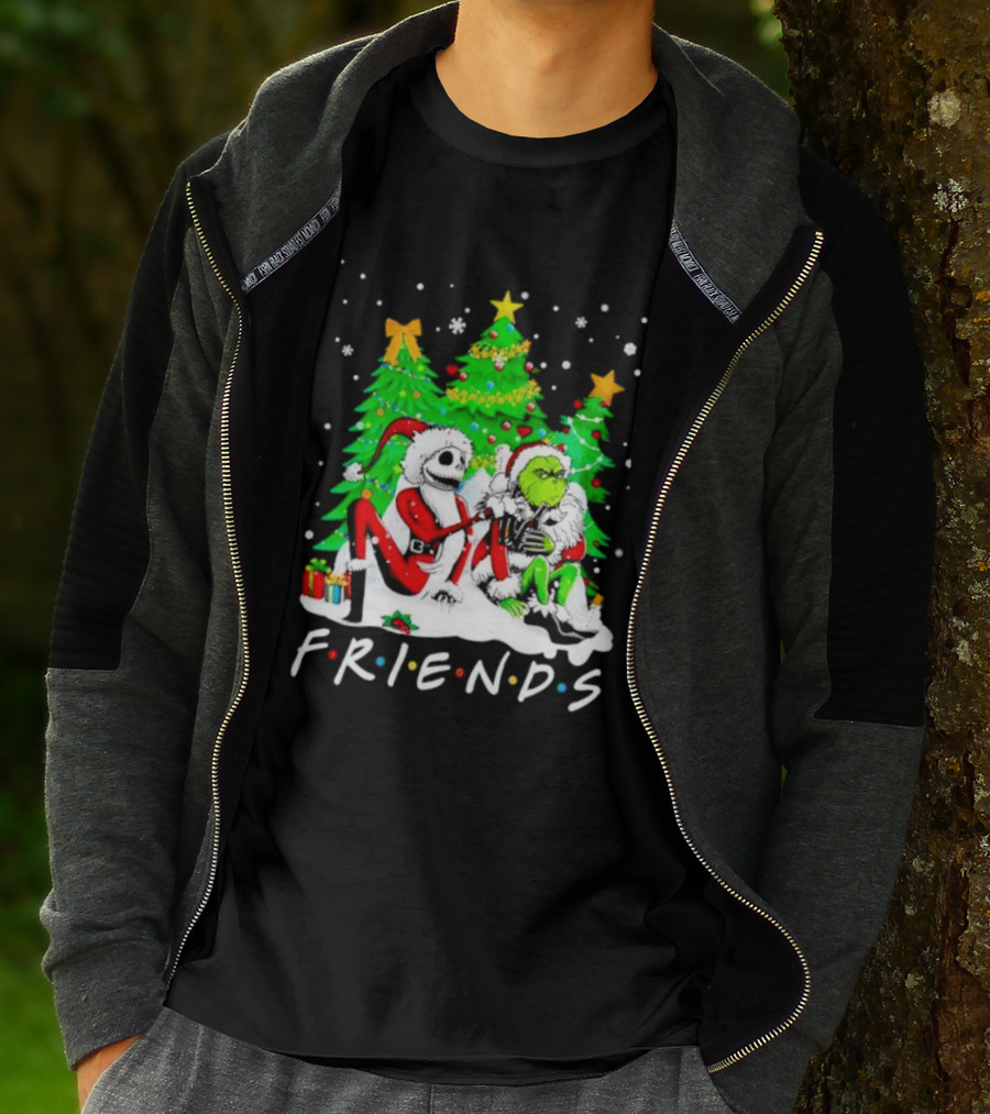 Friends Jack Skellington And Grinch Christmas Scene With Santa Outfits And Christmas Trees T-Shirt
