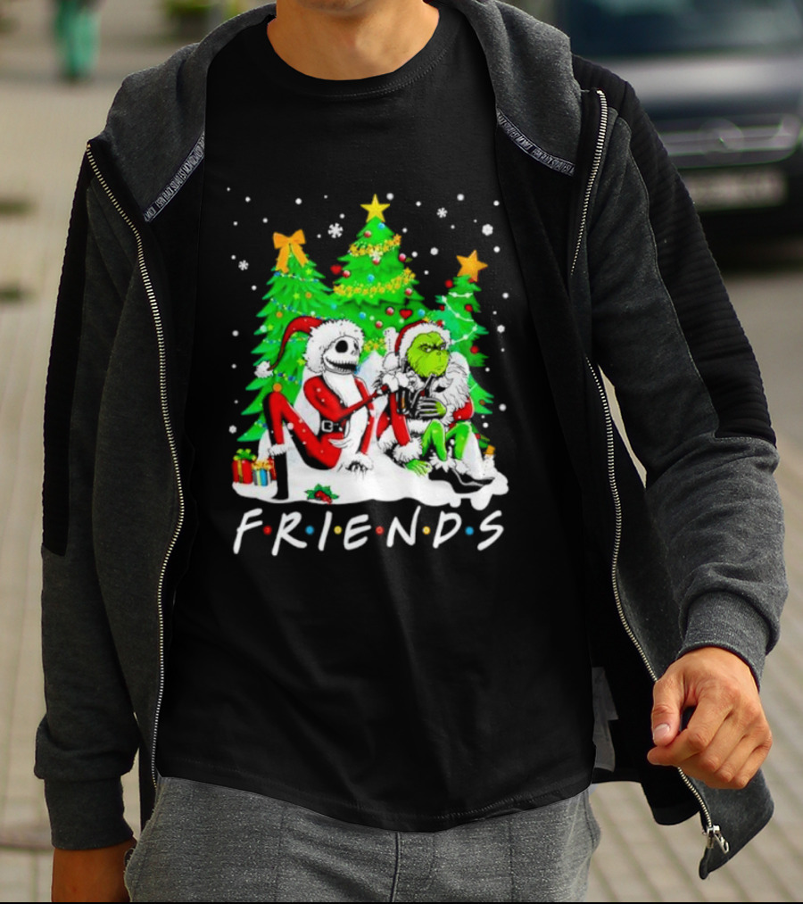 Friends Jack Skellington And Grinch Christmas Scene With Santa Outfits And Christmas Trees T-Shirt