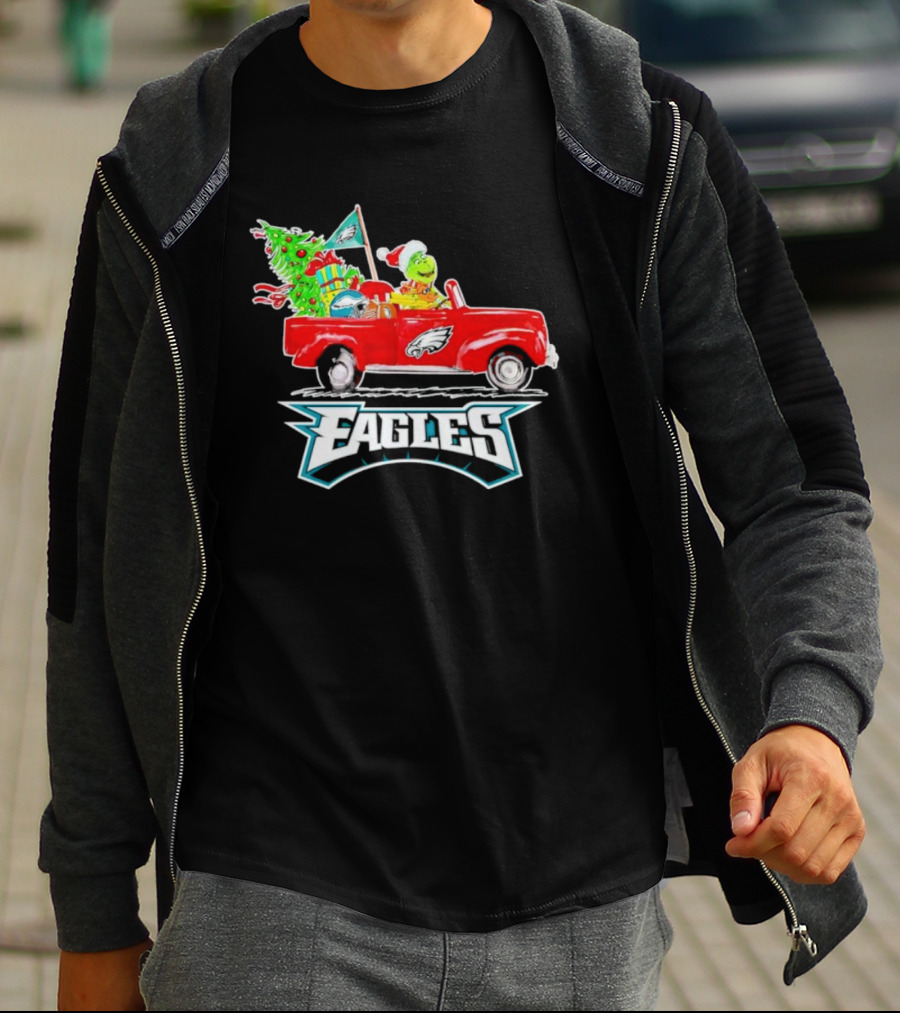 Grinch Dog Driving Red Truck Philadelphia Eagles Christmas Tree T-Shirt