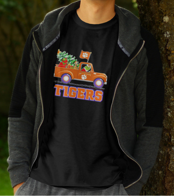 Grinch Driving Orange Christmas Truck With Clemson Tigers Flag And Tree T-Shirt