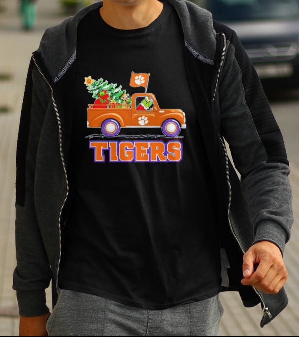 Grinch Driving Orange Christmas Truck With Clemson Tigers Flag And Tree T-Shirt