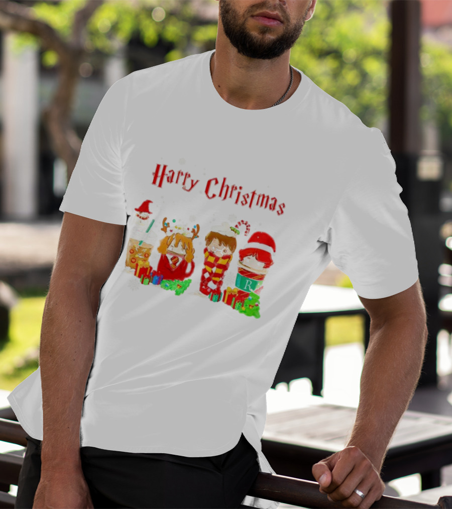 Harry Christmas Chibi Coffee Characters Festive Winter Scene T-Shirt