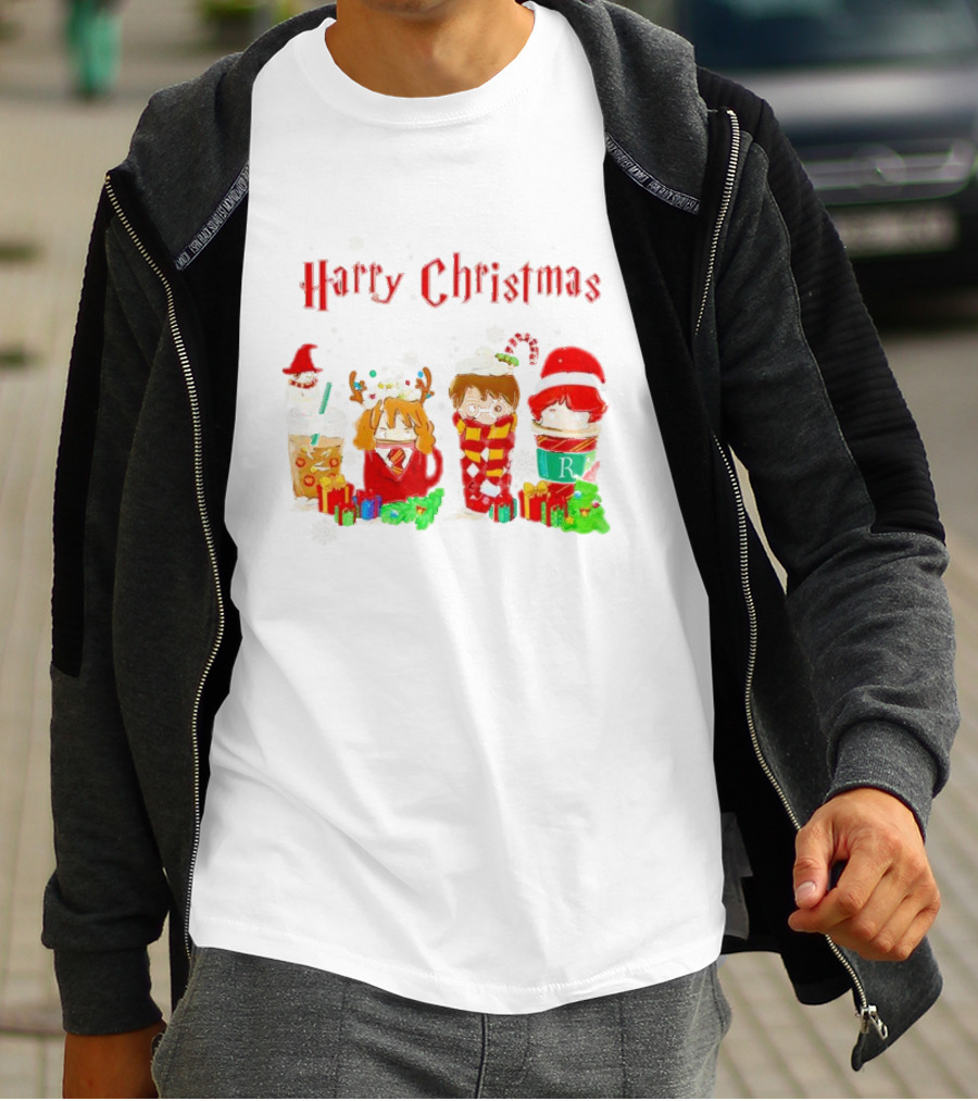 Harry Christmas Chibi Coffee Characters Festive Winter Scene T-Shirt