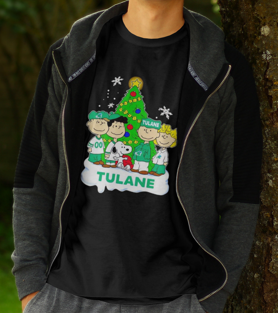 Peanuts Characters Tulane Green Wave Christmas Tree Snoopy Snowflakes T-Shirt