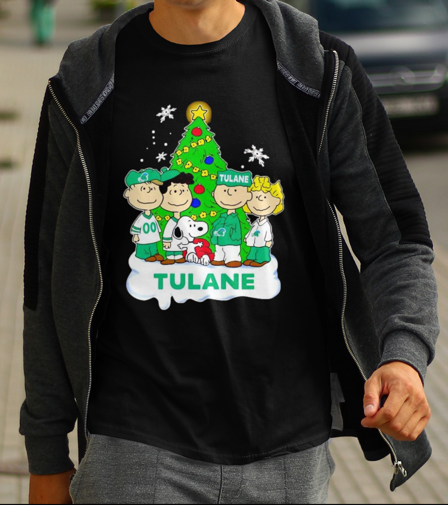 Peanuts Characters Tulane Green Wave Christmas Tree Snoopy Snowflakes T-Shirt