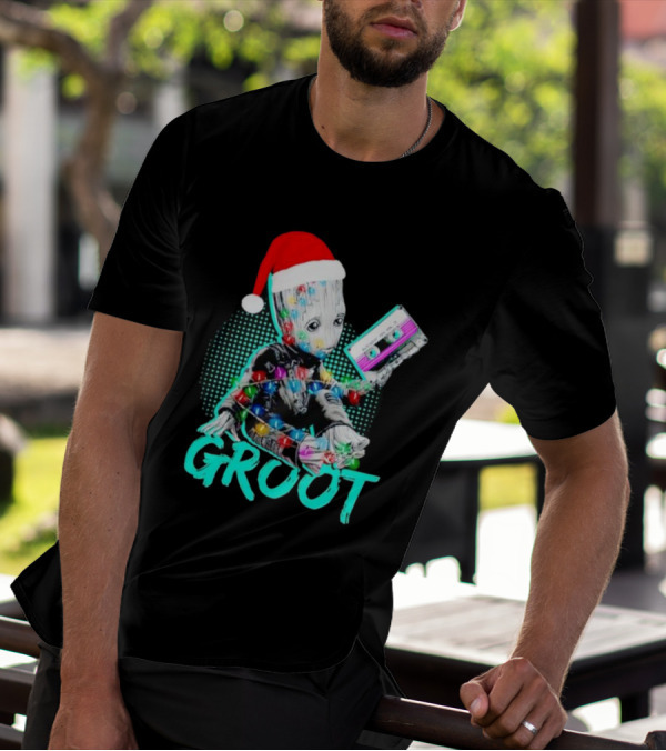 Santa Baby Groot With Cassette Tape And Holiday Lights T-Shirt