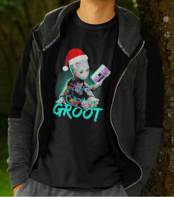 Santa Baby Groot With Cassette Tape And Holiday Lights T-Shirt