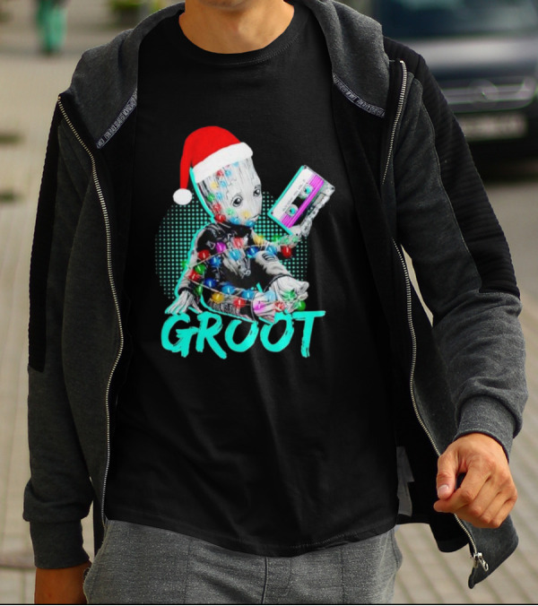 Santa Baby Groot With Cassette Tape And Holiday Lights T-Shirt