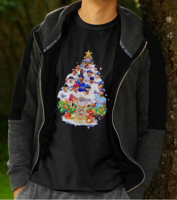 Texas Rangers Players Christmas Tree With Trophy And Ornaments T-Shirt