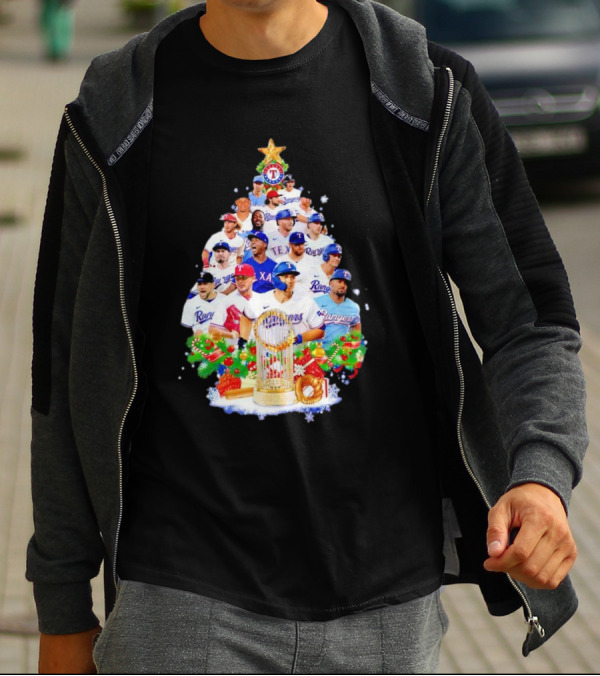 Texas Rangers Players Christmas Tree With Trophy And Ornaments T-Shirt