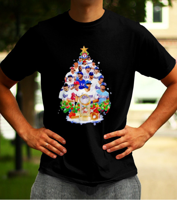 Texas Rangers Players Christmas Tree With Trophy And Ornaments T-Shirt