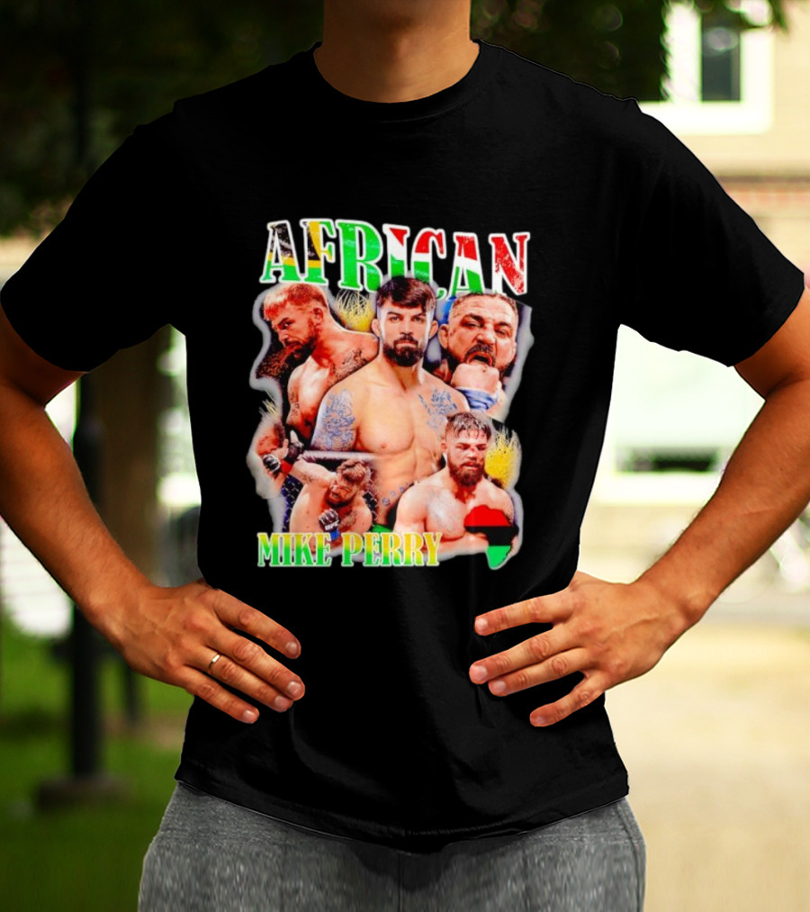 AFRICAN MIKE PERRY Fighter Collage With Black Red Green Map T-Shirt
