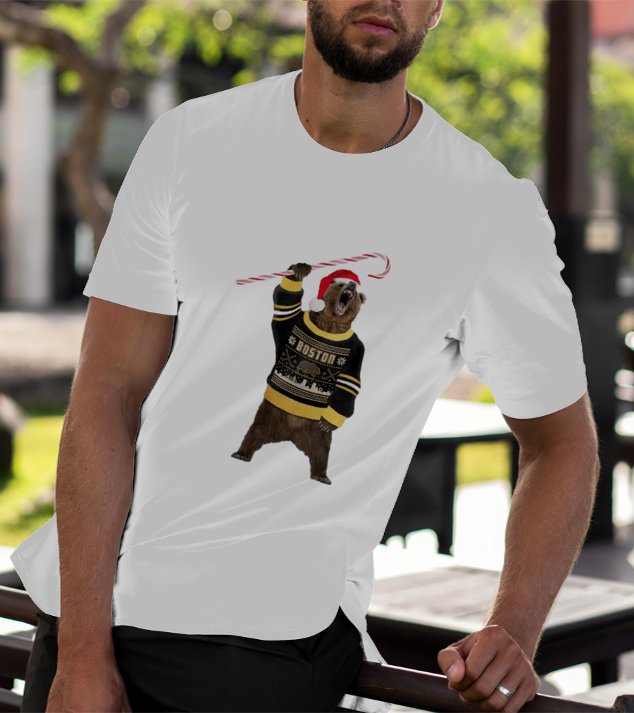 Boston Bear Christmas Holiday Sweater Santa Hat Candy Cane T-Shirt