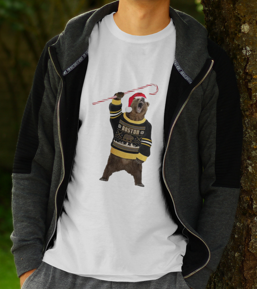 Boston Bear Christmas Holiday Sweater Santa Hat Candy Cane T-Shirt