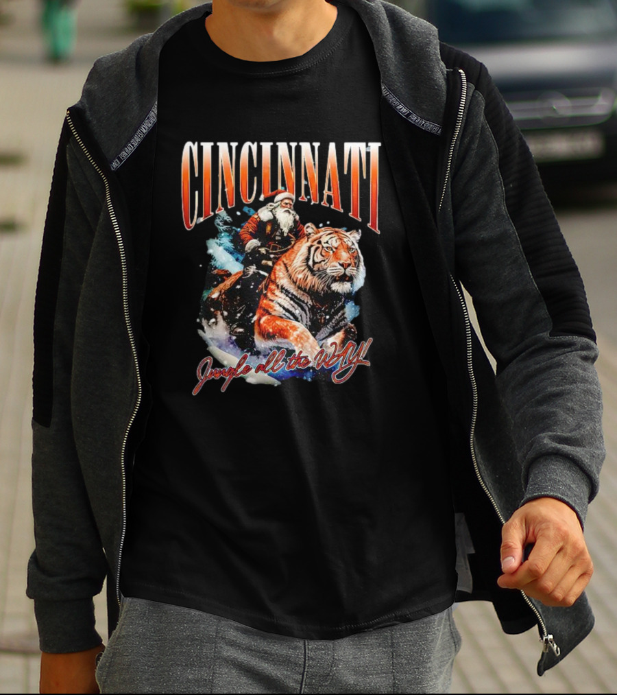 Cincinnati Santa Riding Tiger Jungle All The Way Christmas T-Shirt