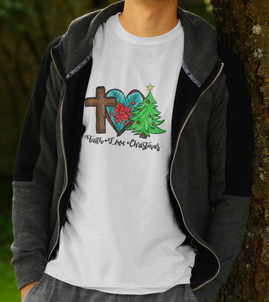 Faith Love Christmas Cross Poinsettia Tree T-Shirt
