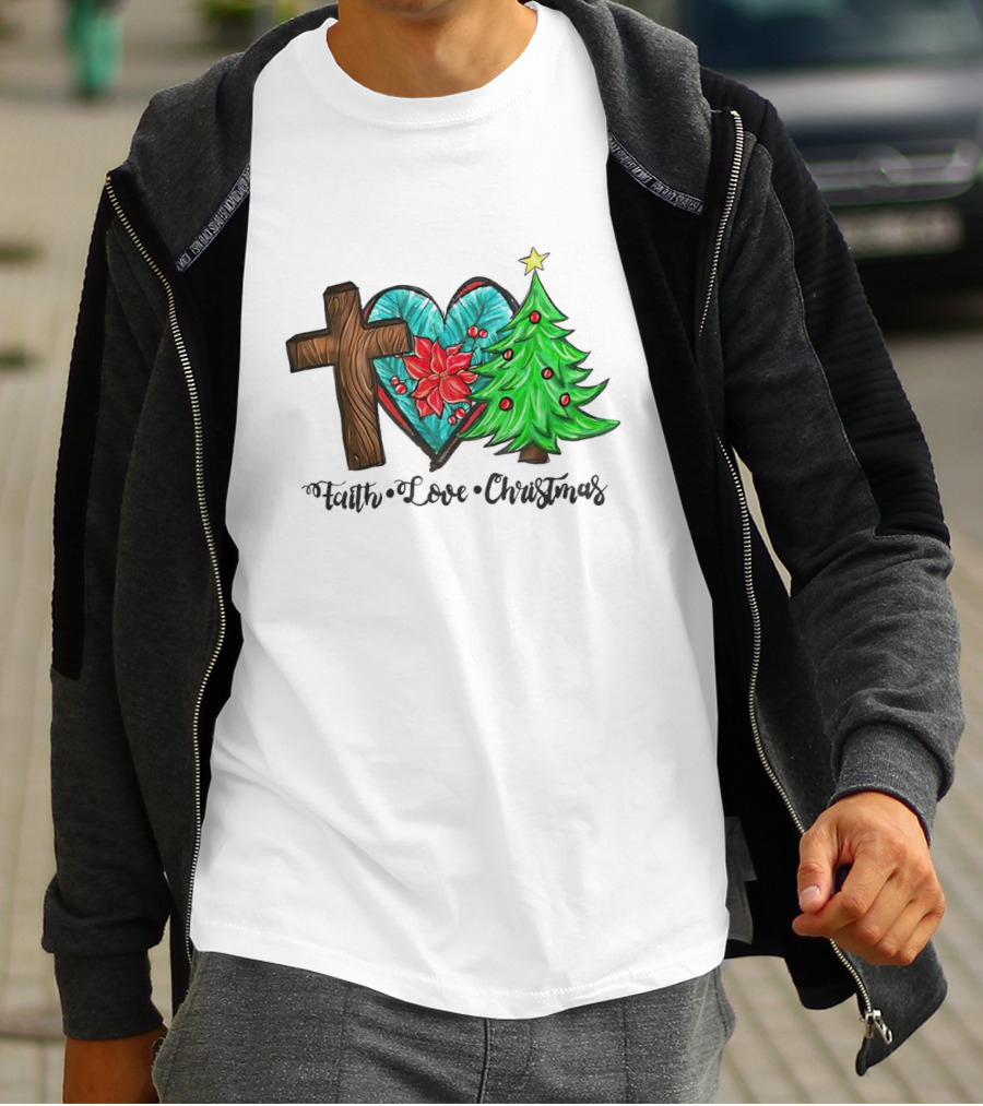 Faith Love Christmas Cross Poinsettia Tree T-Shirt