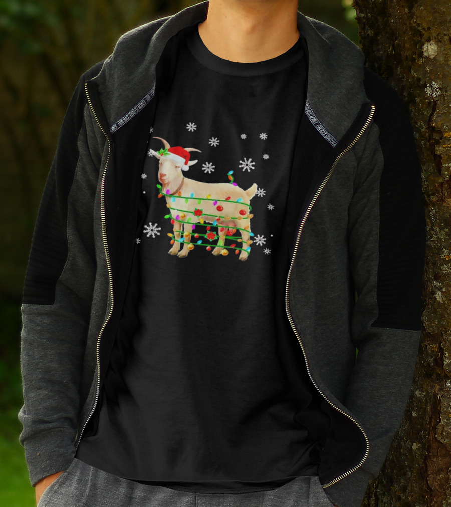 Goat Wrapped In Christmas Lights With Santa Hat And Snowflakes T-Shirt