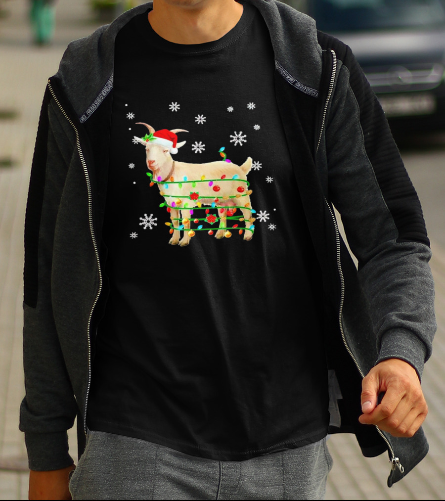 Goat Wrapped In Christmas Lights With Santa Hat And Snowflakes T-Shirt