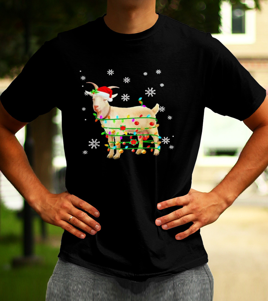 Goat Wrapped In Christmas Lights With Santa Hat And Snowflakes T-Shirt