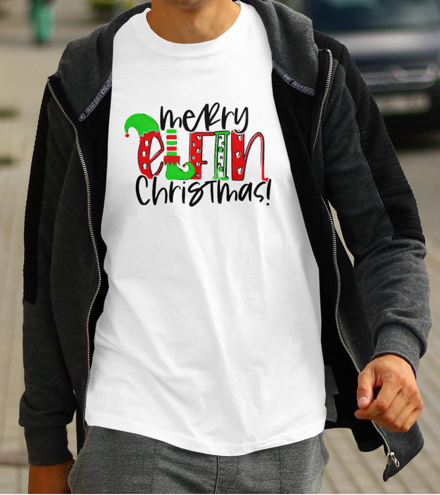 Merry Elfin Christmas Green Elf Shoe And Hat Red Stripes And Polka Dots T-Shirt