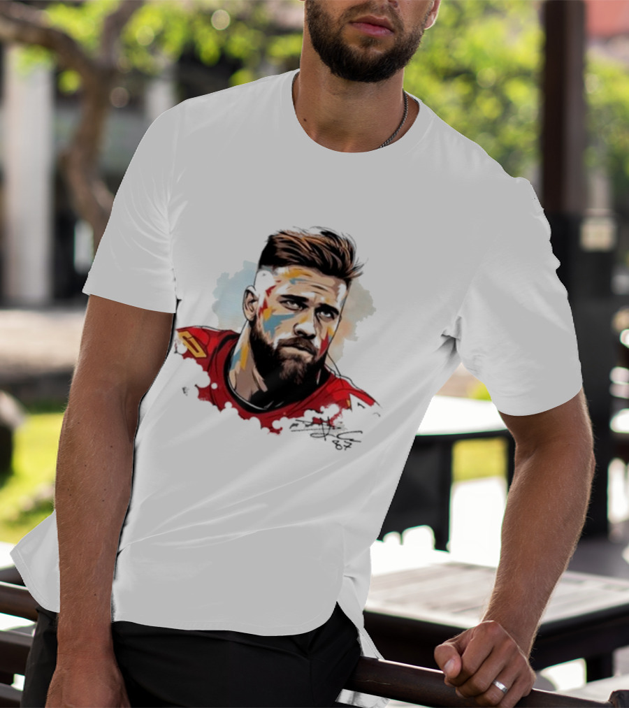 Travis Kelce Signed Portrait Artwork In Red Jersey T-Shirt