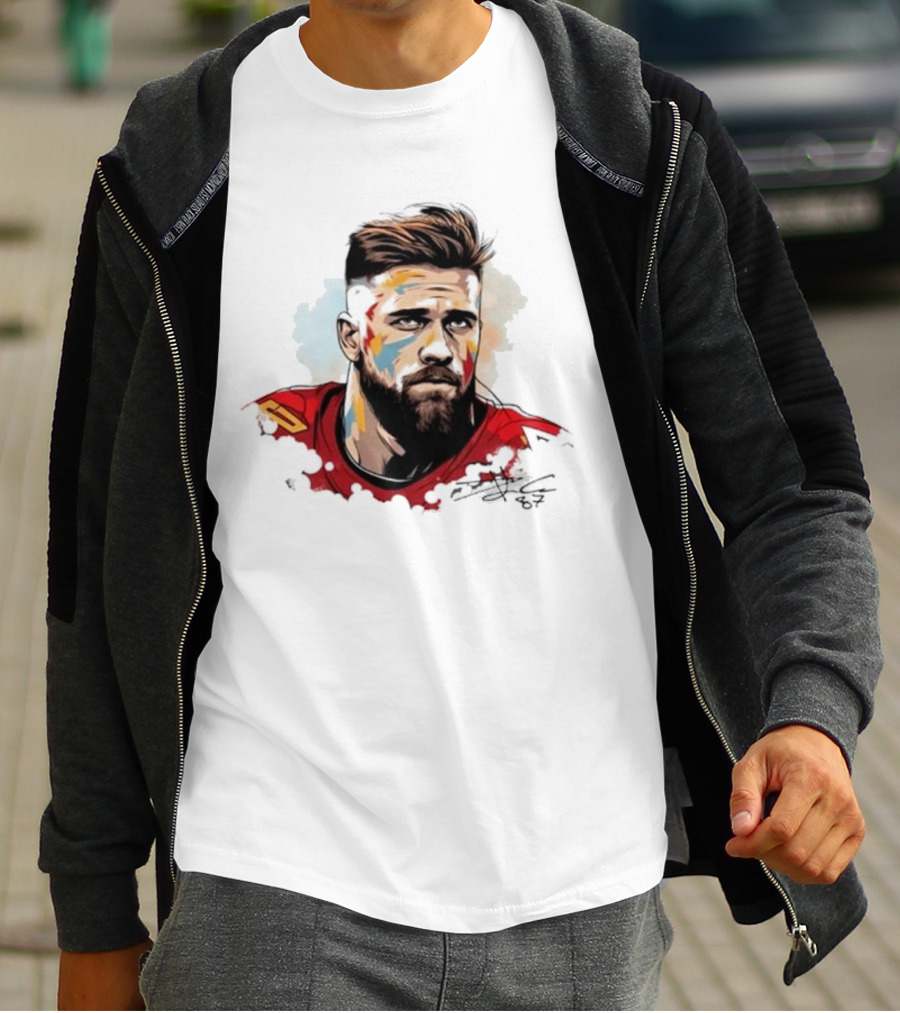 Travis Kelce Signed Portrait Artwork In Red Jersey T-Shirt