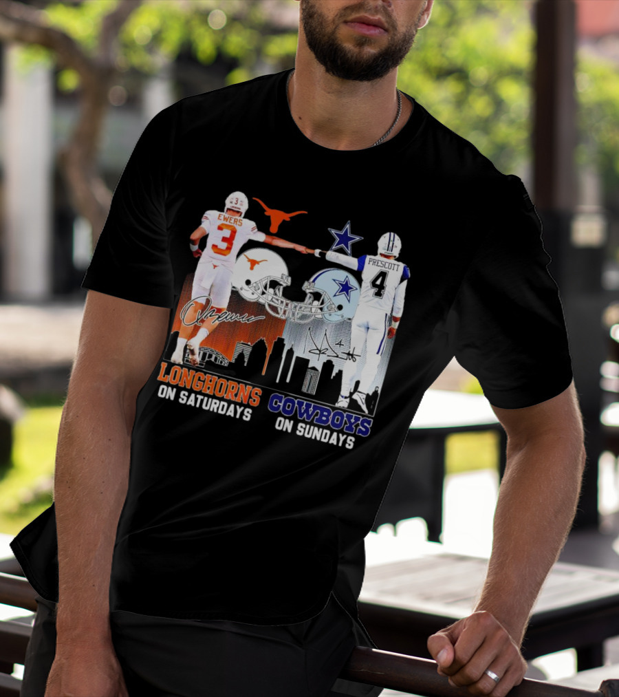 Ewers Longhorns On Saturdays Prescott Cowboys On Sundays Football Helms And Skyline T-Shirt