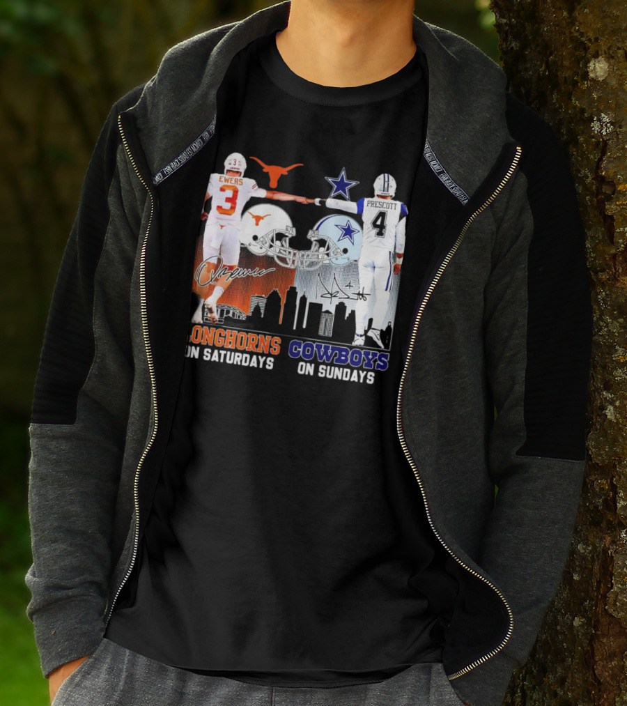 Ewers Longhorns On Saturdays Prescott Cowboys On Sundays Football Helms And Skyline T-Shirt