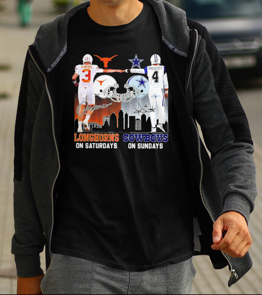 Ewers Longhorns On Saturdays Prescott Cowboys On Sundays Football Helms And Skyline T-Shirt