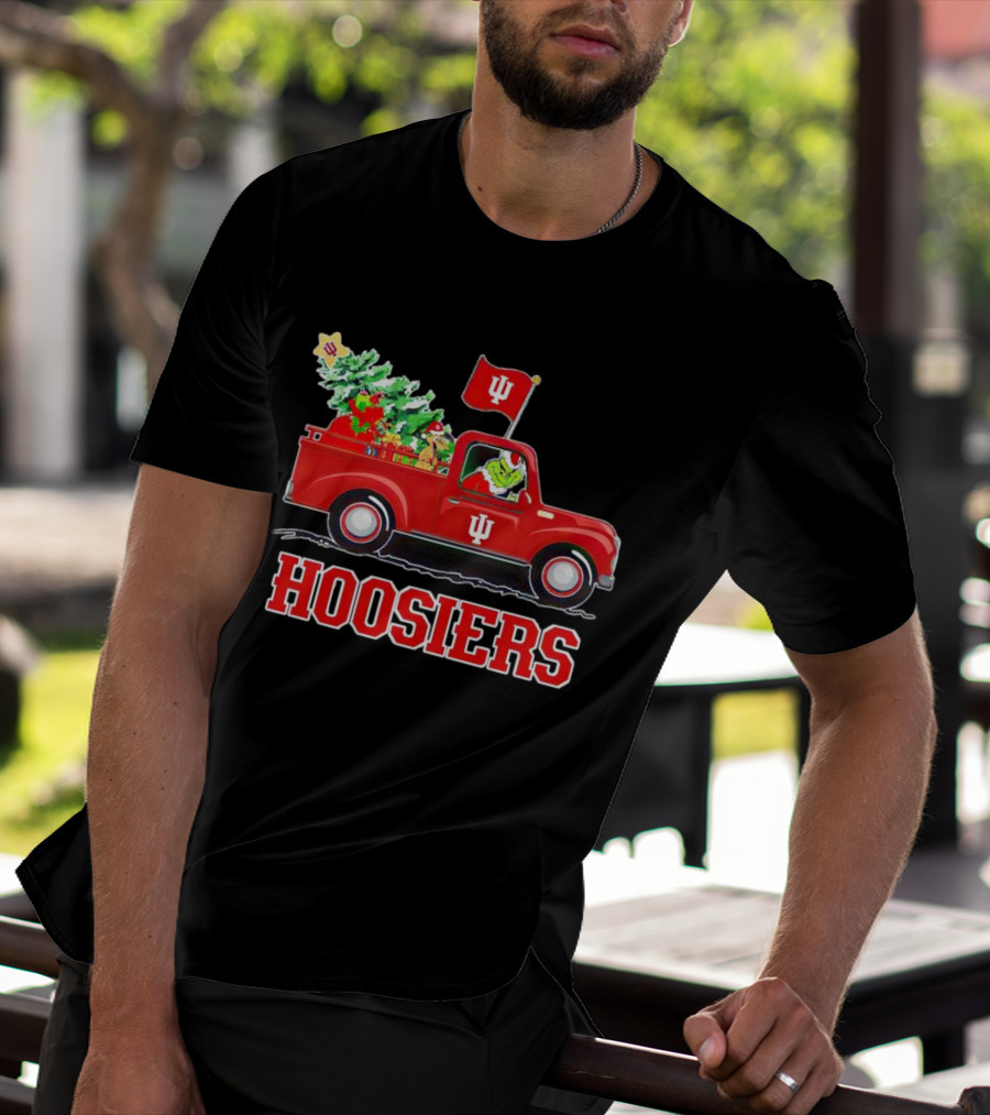 Grinch Driving Indiana Hoosiers Christmas Truck With Holiday Tree T-Shirt
