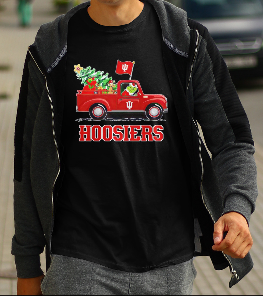 Grinch Driving Indiana Hoosiers Christmas Truck With Holiday Tree T-Shirt